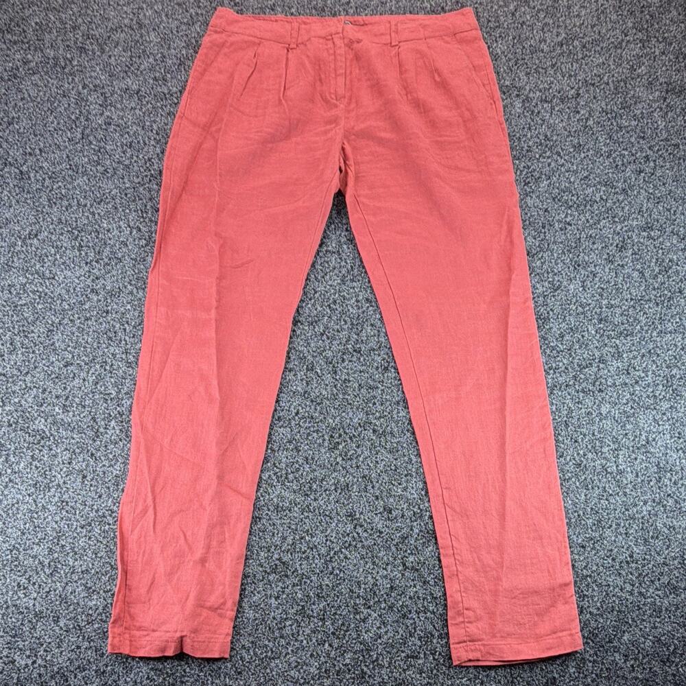 Monoprix Femme Pants Womens 42 Red 100% Linen Pleated Tapered Leg Summer Trouser